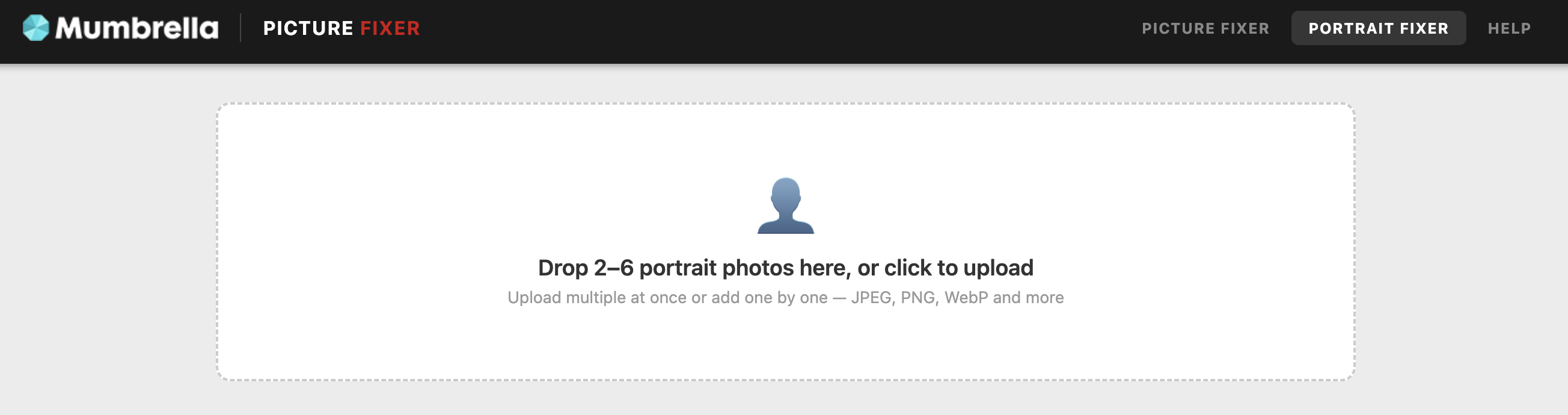 Portrait Fixer selected in nav, showing upload zone